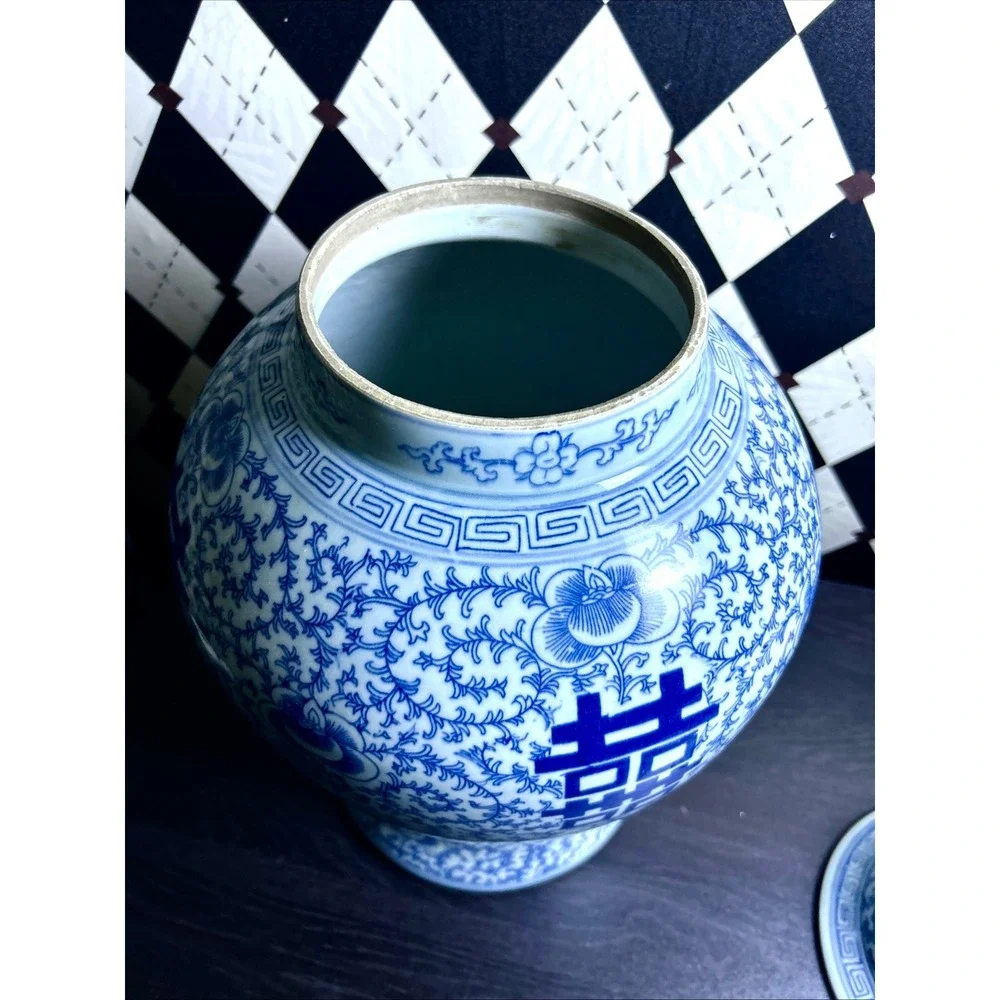 Large Blue White Ginger Jar Double Happiness‎ Chinese Porcelain Temple Jar